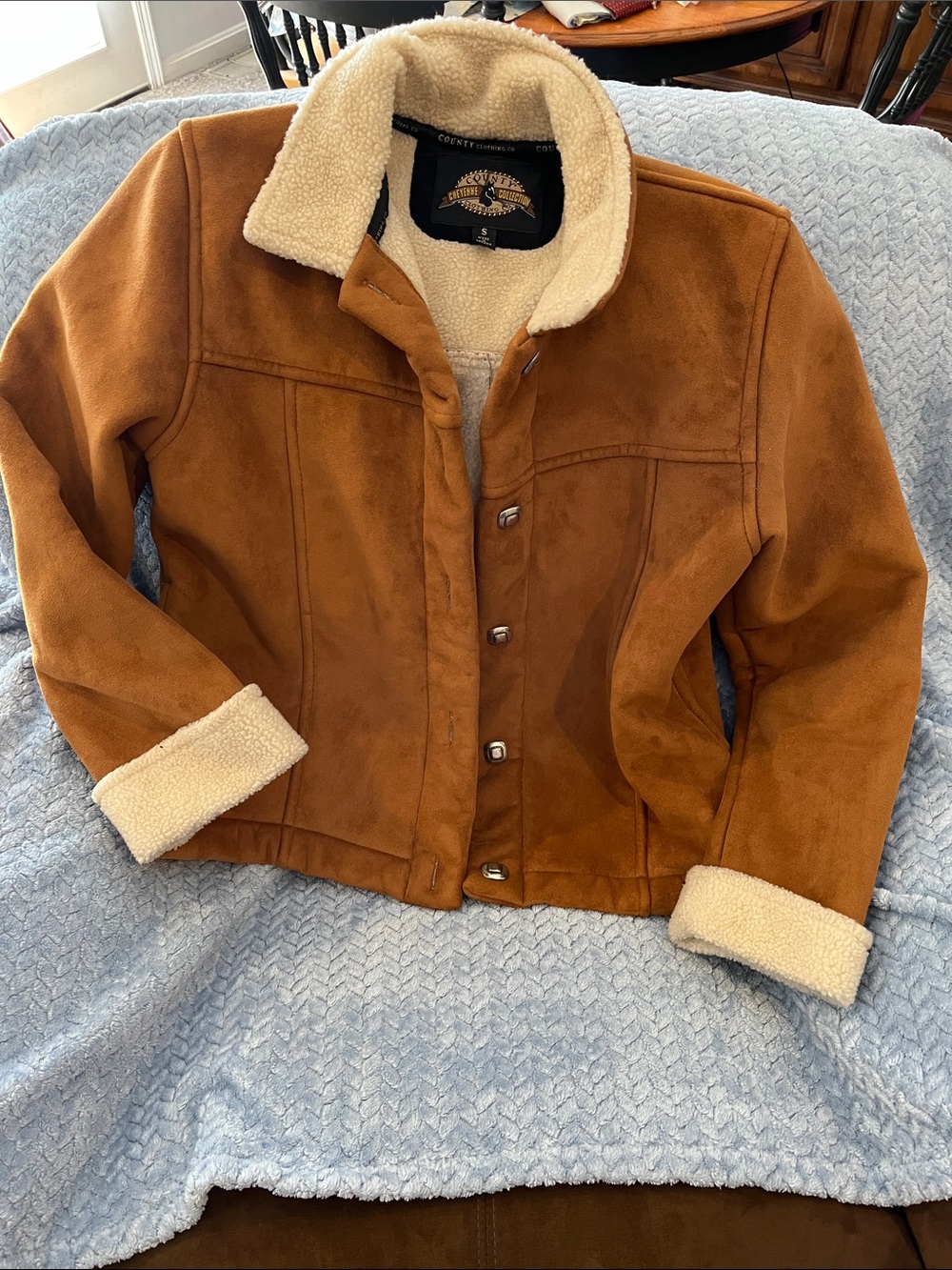 Coldwater Creek Tan Suede-Look Teddy Jacket with Cream Sherpa Trim